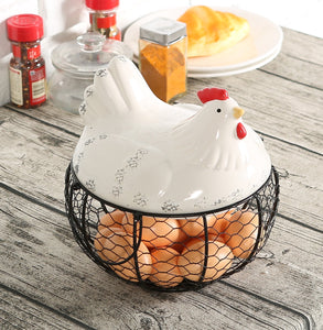 Farmhouse Hen Ceramic & Wire Egg Basket